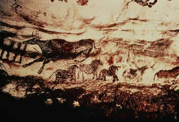 Rock painting of a leaping cow and a frieze of small horses, c.17000 BC